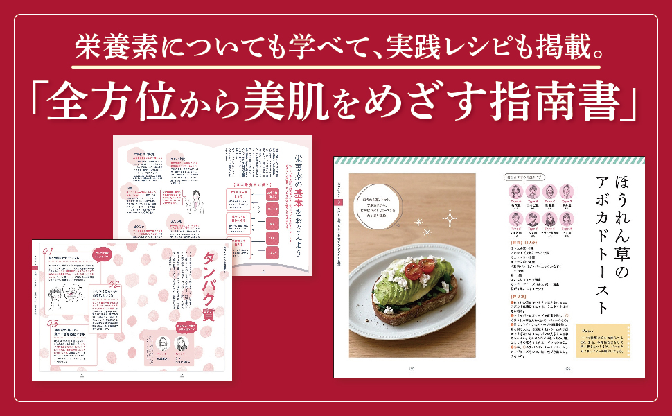 栄養素についても学べて、実践レシピも掲載。 「全方位から美肌をめざす指南書」